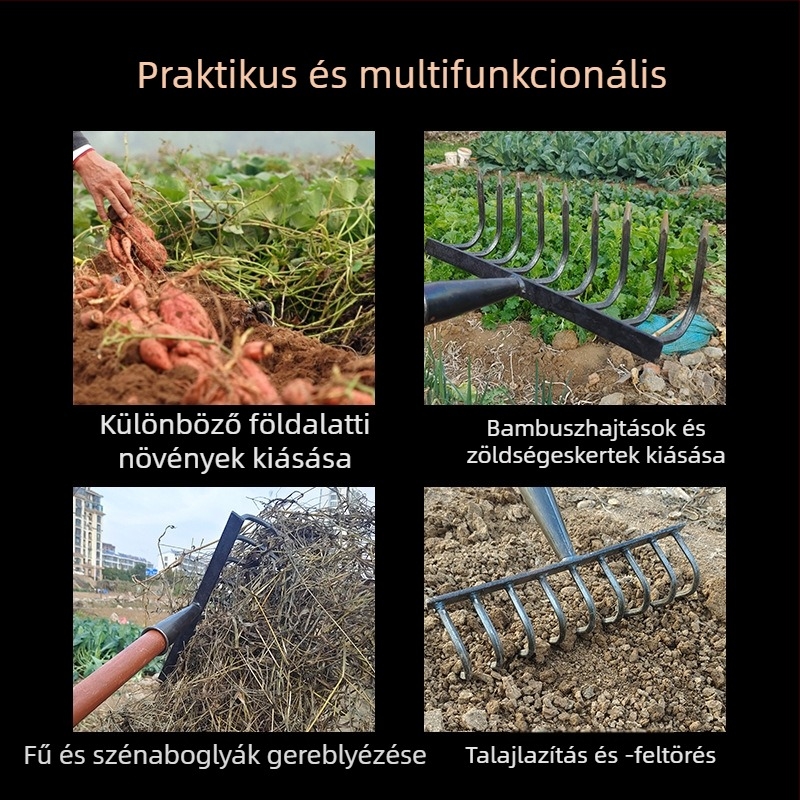 Mezőgazdasági gereblye fogasfejjel a talaj lazítására és megforgatására, multifunkciós gyomirtó eszköz, erős, rozsdamentes kivitel