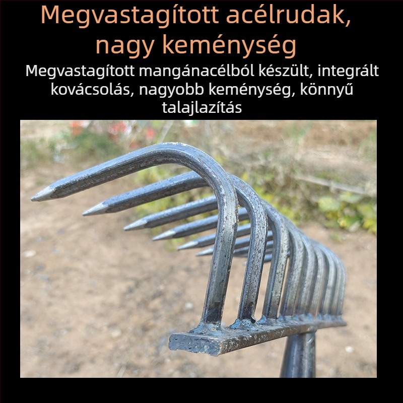 Mezőgazdasági gereblye fogasfejjel a talaj lazítására és megforgatására, multifunkciós gyomirtó eszköz, erős, rozsdamentes kivitel