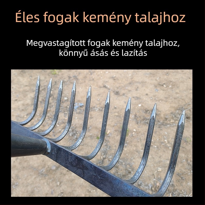 Mezőgazdasági gereblye fogasfejjel a talaj lazítására és megforgatására, multifunkciós gyomirtó eszköz, erős, rozsdamentes kivitel