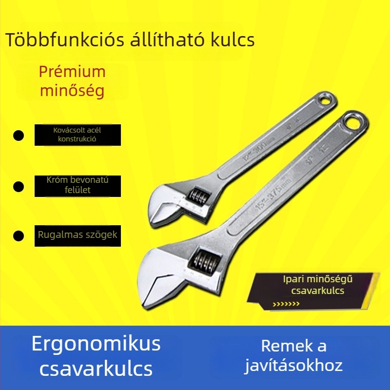 Huhui 12 hüvelykes állítható csavarkulcs, krómozott felület, teljes hőkezelés és finom polírozás, magas szén‑acélszerkezetből