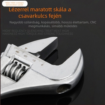 Állítható csavarkulcs széles markolattal, masszív kivitel, nagy nyílású fej, fürdőszobai használatra, csúszásmentes, magas széntartalmú acél