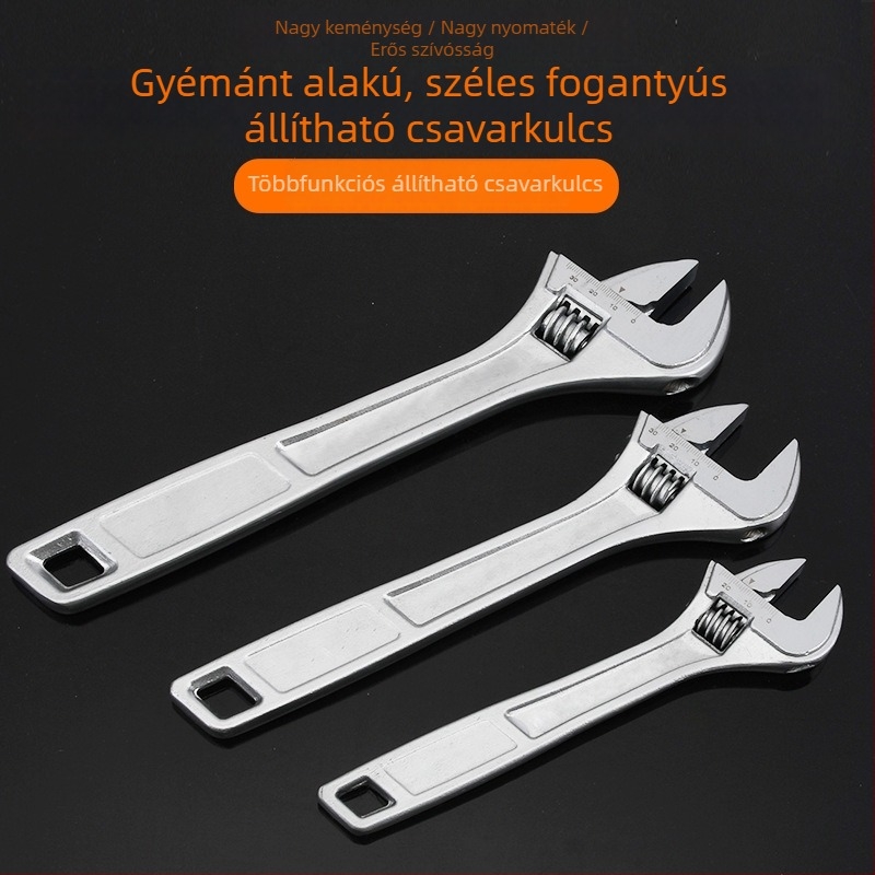 Állítható csavarkulcs széles markolattal, masszív kivitel, nagy nyílású fej, fürdőszobai használatra, csúszásmentes, magas széntartalmú acél