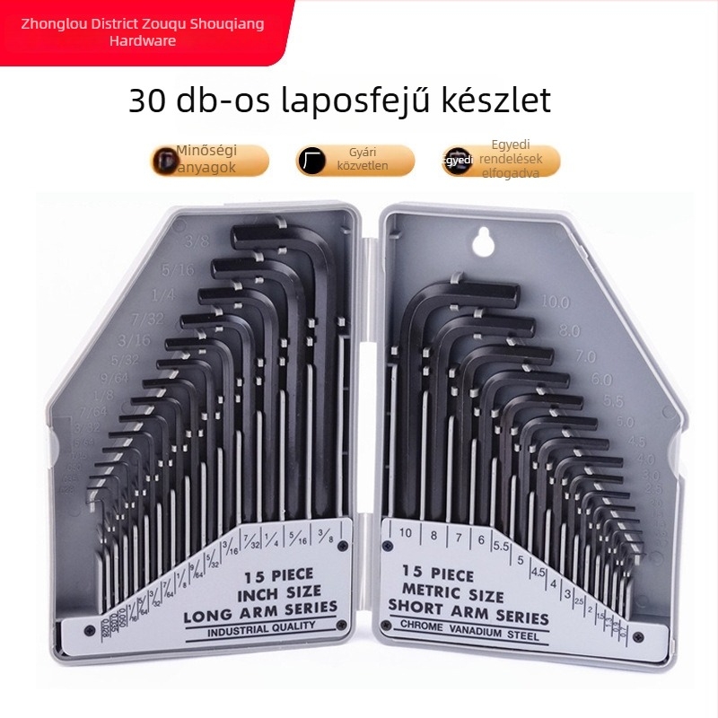 30 darabos metrikus és hüvelykes hosszított lapos fejű hatszögletű készlet, fekete polírozott felülettel, L-formájú, króm-vanádium acélból
