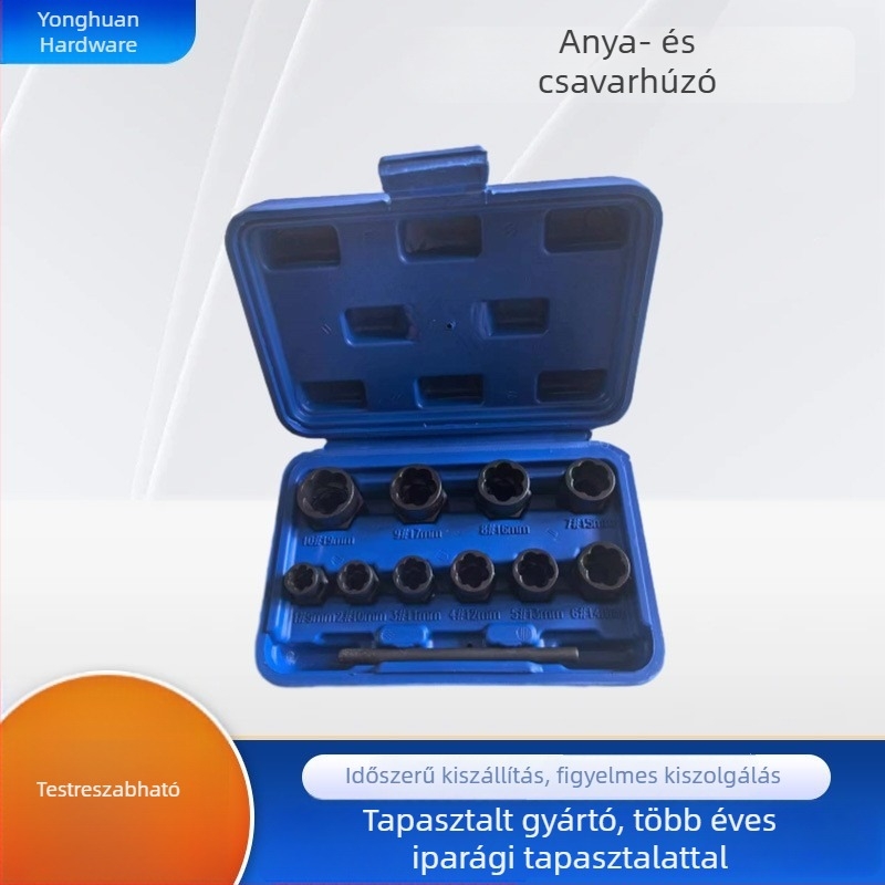 11 darabos hexagonális anyák és csavarok extraktor készlet, rozsdás és deformált kivitel, anti-lopás, hex socket, kék dobozban