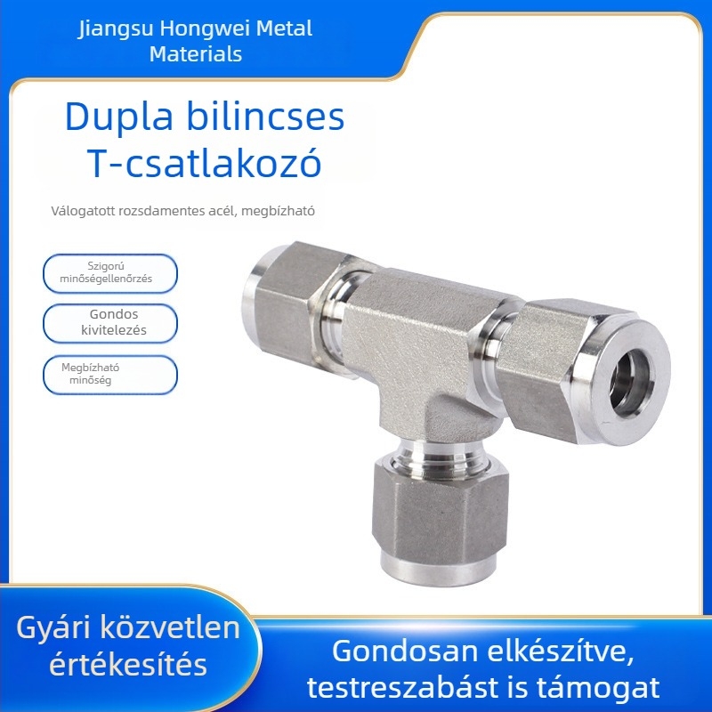 316L rozsdamentes acél dupla ferrule Tee csatlakozó laboratóriumi gázvezetékekhez, egyen átmérőjű Tee