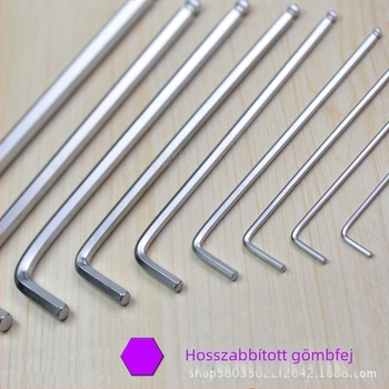 Hosszított hatszögletű imbuszkulcs gömbfejű és lapos végű, L-alakú, hosszú, nikkelezett, méretek 2–12 mm