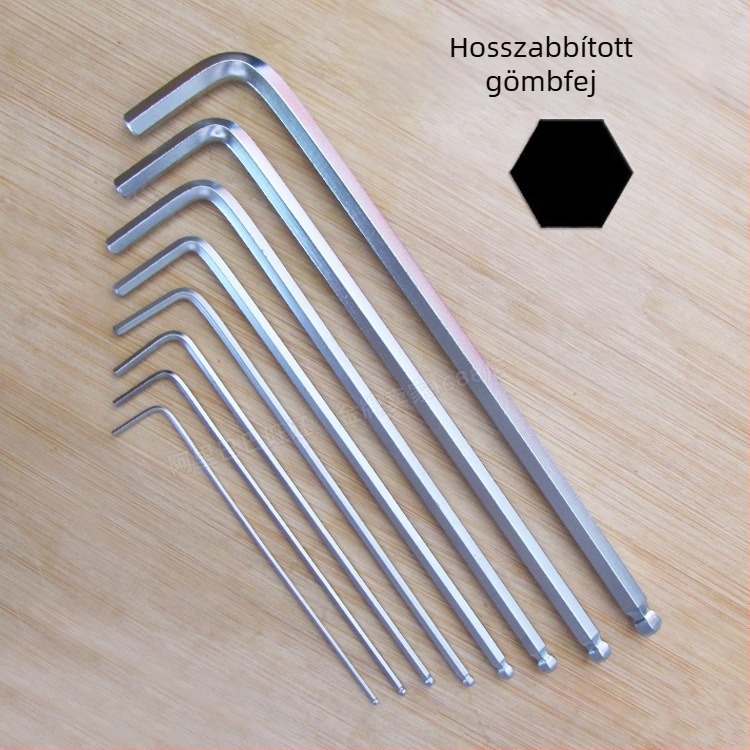 Hosszított hatszögletű imbuszkulcs gömbfejű és lapos végű, L-alakú, hosszú, nikkelezett, méretek 2–12 mm