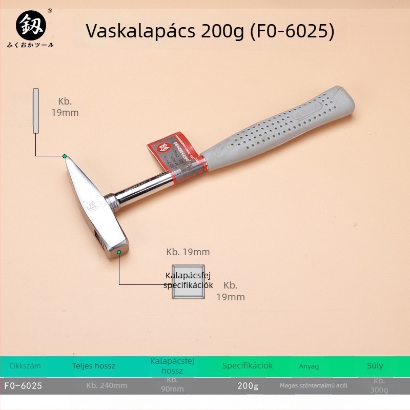 FO-6025 Szerelőkalapács, mini kalapács, 200 g, fej magas széntartalmú acélból