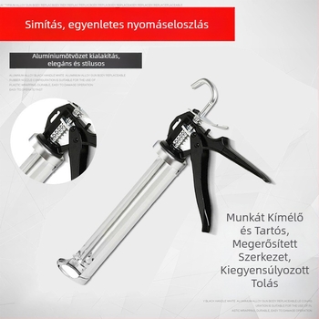 Kézi vastagított ragasztópisztoly félkör alakú kialakítással, krómozott, forgó fejű üveg tömítőpisztoly