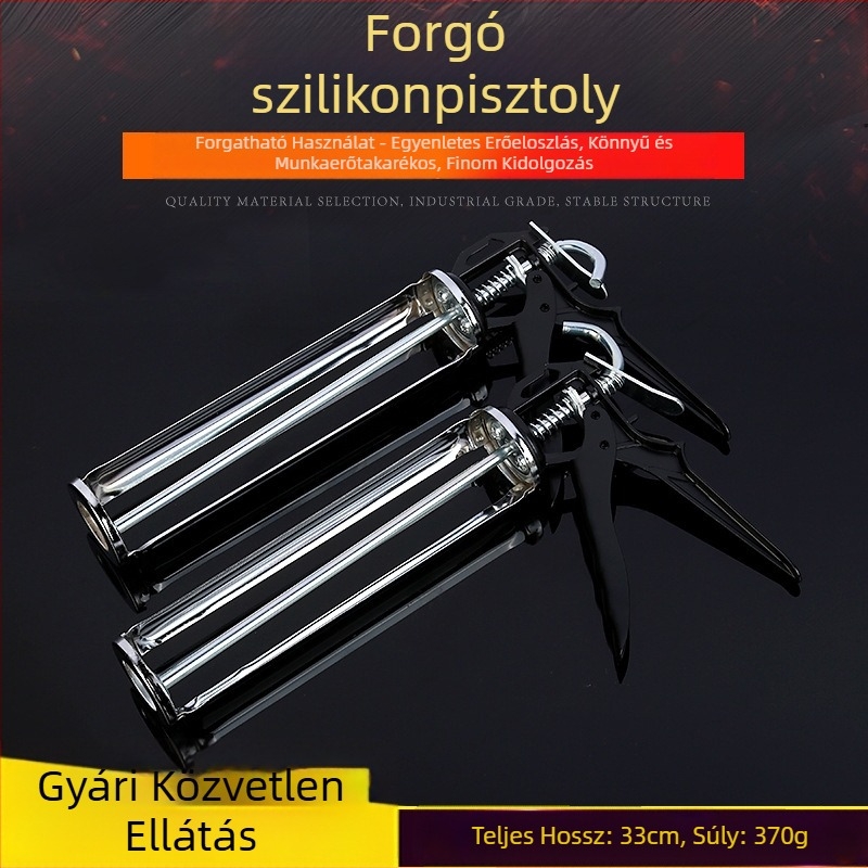 Kézi vastagított ragasztópisztoly félkör alakú kialakítással, krómozott, forgó fejű üveg tömítőpisztoly