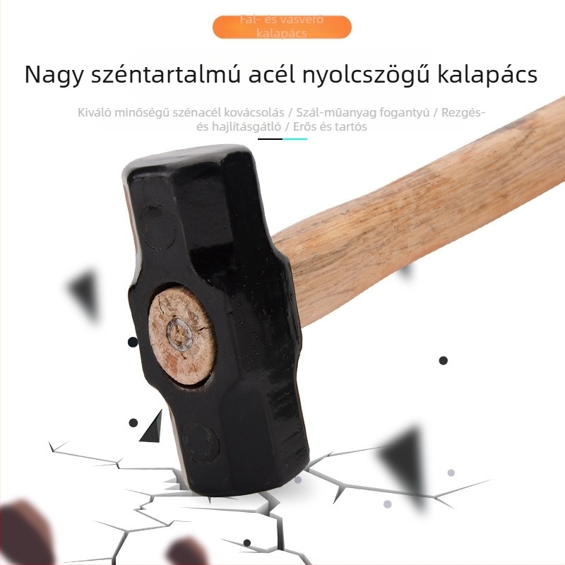 Magas széntartalmú acél nyolcszögletű kalapács, beillesztési technológiával, masszív, ipari és otthoni használatra, több méretben