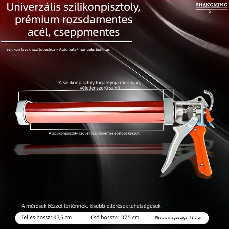 Kétfunkciós univerzális szerkezeti ragasztópisztoly üveghez, rozsdamentes acél test, forgó fej, automatikus levágás, puha ragasztóanyag