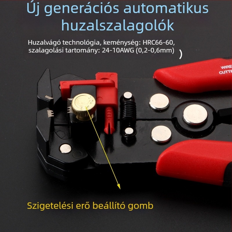 Többfunkciós automata vezetékhámlasztó fogó, karbonacélból és puha műanyag fogantyúval