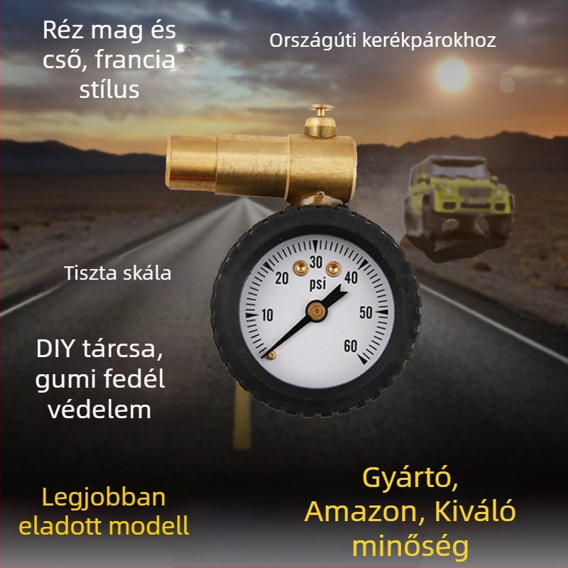 Mechanikus guminyomásmérő mutatóval és leeresztő kapcsolóval, francia stílusú, autógumihoz