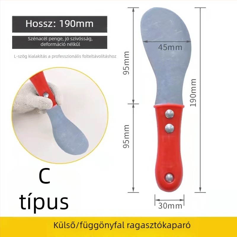 Külső falra szánt fémből készült kaparó üvegfalakhoz — tömítőanyag felhordására és illesztések finomítására szolgáló eszköz