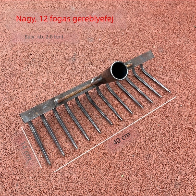 Nagy teherbírású acél gereblye, többfogú, manganacélból készült, multifunkcionális a talaj fellazítására és fűnyírásra, kovácsolt fogak, sík kialakítás