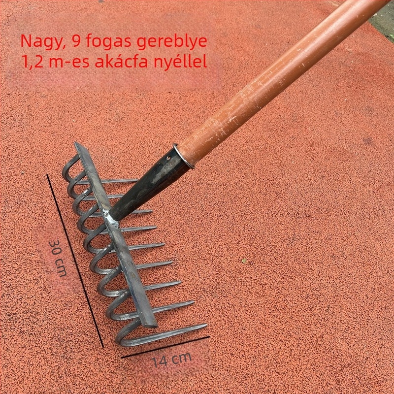 Nagy teherbírású acél gereblye, többfogú, manganacélból készült, multifunkcionális a talaj fellazítására és fűnyírásra, kovácsolt fogak, sík kialakítás