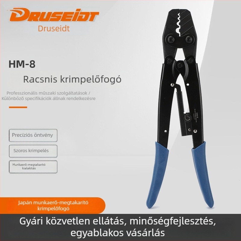 Delitt HM-8 Ratchet típusú crimpelőfogó üres terminálokhoz, kör- és villa alakú végekkel