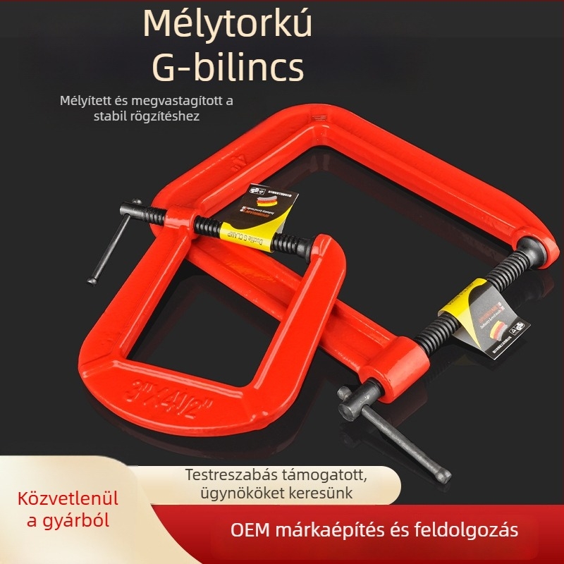 G-alakú asztalos szorító mély torokkal és vastag állcsúcsokkal, nehéz kivitelű szerszám