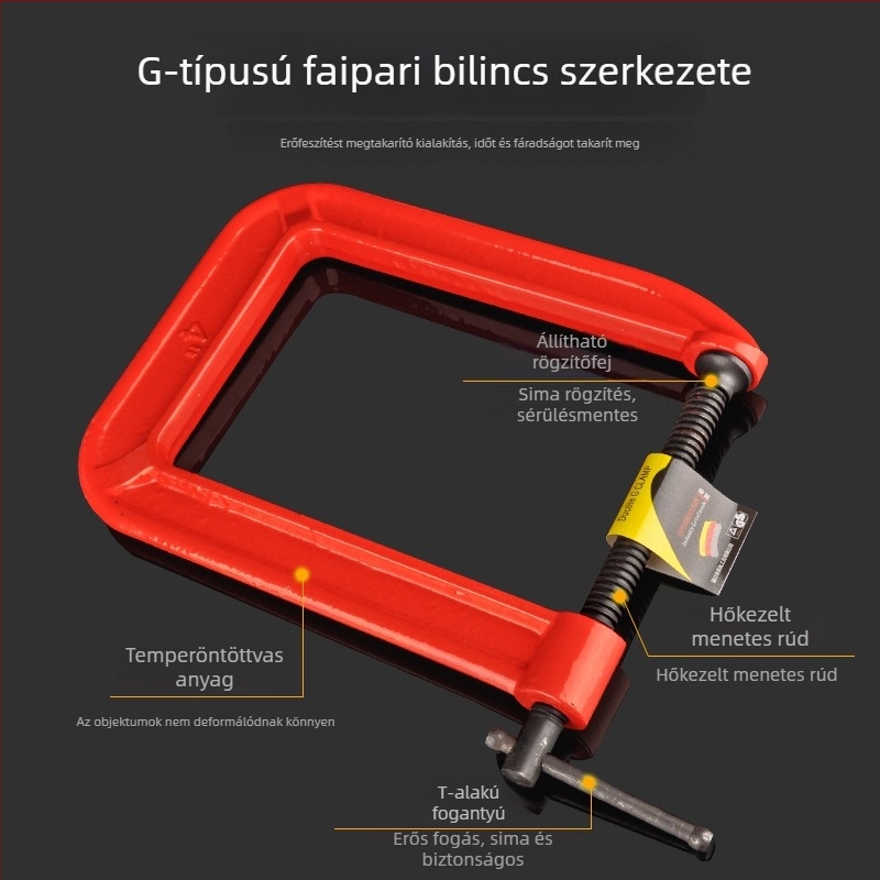 G-alakú asztalos szorító mély torokkal és vastag állcsúcsokkal, nehéz kivitelű szerszám