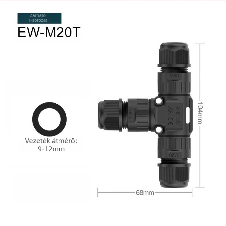 M20T háromágú csatlakozó egy kimenettel és két adapterrel kültéri LED lámpához, PA66 nylon, IP68 vízálló csatlakozó