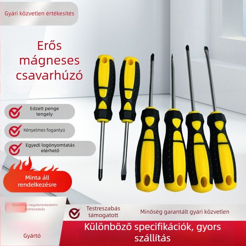 Chrom-vanádium acél Phillips és laposfejű csavarhúzó készlet erős mágnessel, gumírozott csúszásmentes fogantyúval