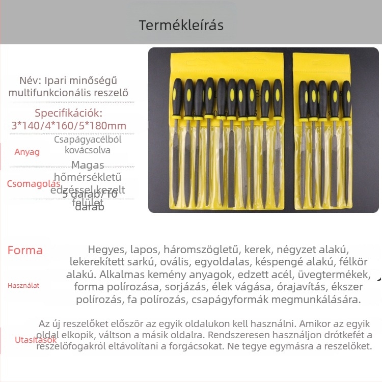 Két színű műanyag fogantyújú reszelőkészlet, 10 darab, méretek 3x140 mm, 4x160 mm, 5x180 mm