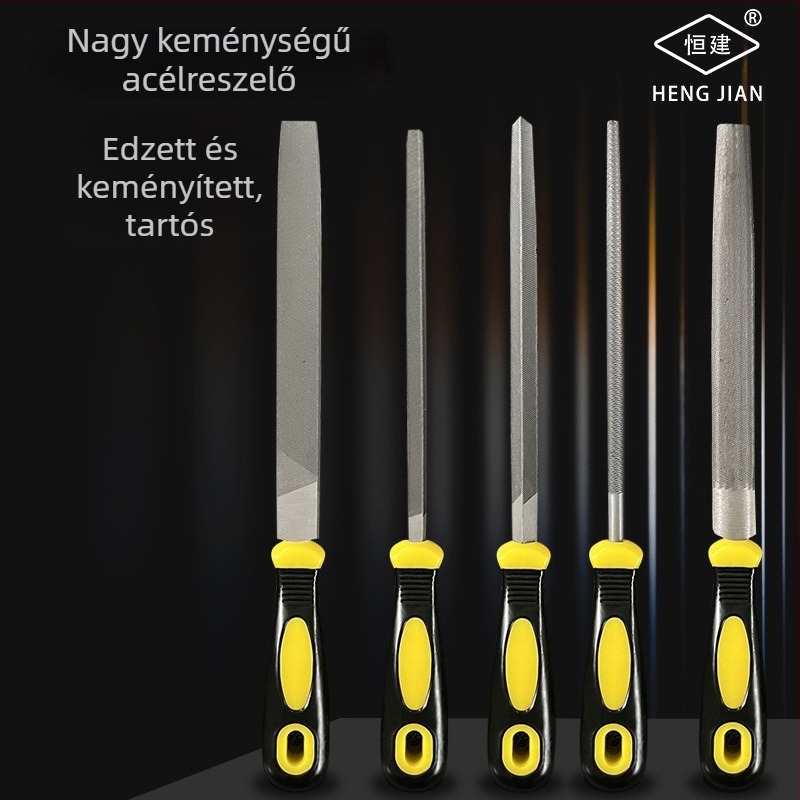 Fém- és famegmunkáláshoz készlet reszelők: egyenes, félkörös és háromszög reszelő, kettős vágású, 200 mm hosszú, fogantyúval