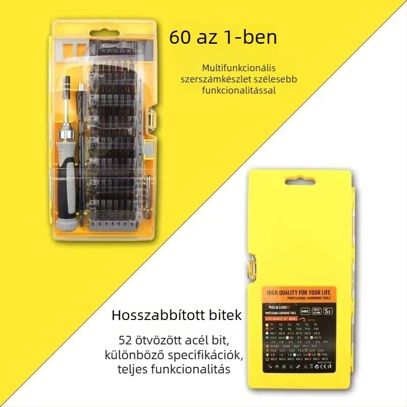 60 az 1-ben csavarhúzó készlet órákhoz, digitális eszközökhöz, mobiltelefonokhoz és számítógépekhez — otthoni DIY javítás és szétszerelés eszköze, kiváló minőségű