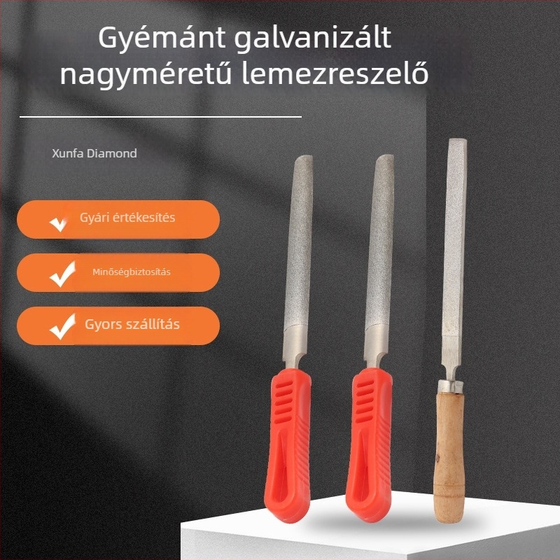 Gyémánt reszelő: sík, nagy lemez formájú; háromszög, kör és félkör alakú részek; ötvözetes csiszolóanyag
