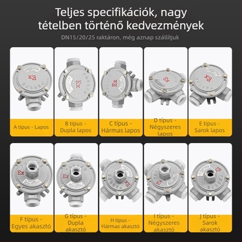 Robbanásbiztos csatlakozó doboz alumínium ötvözetből, DN20, AH sorozat, háromutas és egyenes átvezetés, kör alakú hatcsatornás elosztó doboz