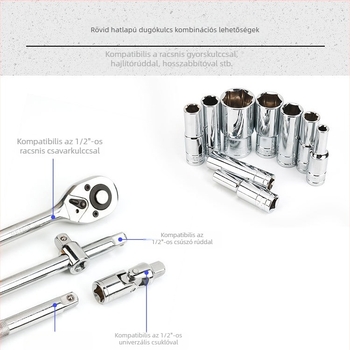 Hosszabbított hatszögletű adapter 1/2 hüvelykes meghajtóhoz, króm-vanádium acél, 8–32 mm