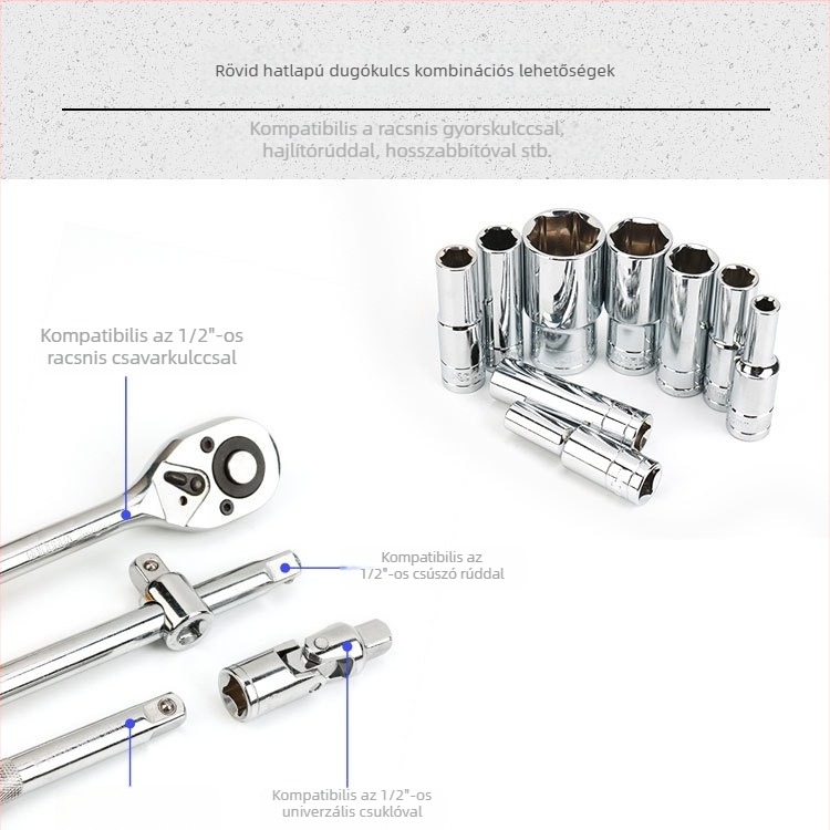Hosszabbított hatszögletű adapter 1/2 hüvelykes meghajtóhoz, króm-vanádium acél, 8–32 mm