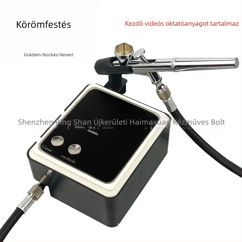 Körömépítő szórópisztoly készlet mini levegőpumpával, gél-lakk spray tollal, japán stílusú gradient és kockás minta