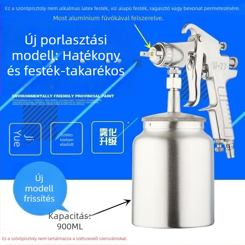 W77 szívó tartályos pneumatikus festékszóró, nagy kapacitású, magas atomizációjú, sifon típusú, alapozó permetező autó- és bútorokhoz
