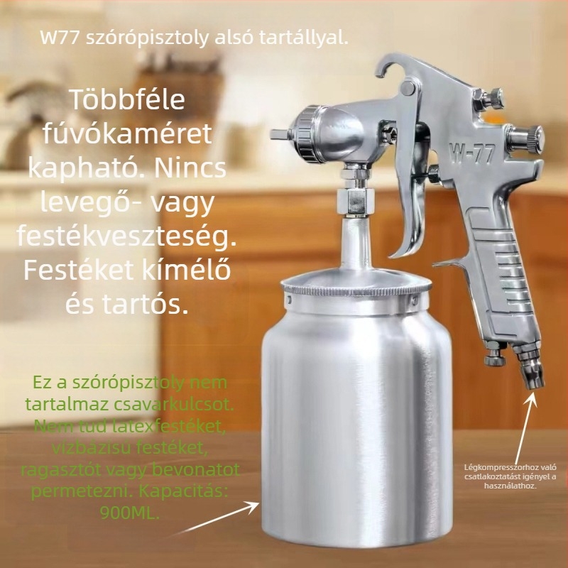 W77 szívó tartályos pneumatikus festékszóró, nagy kapacitású, magas atomizációjú, sifon típusú, alapozó permetező autó- és bútorokhoz