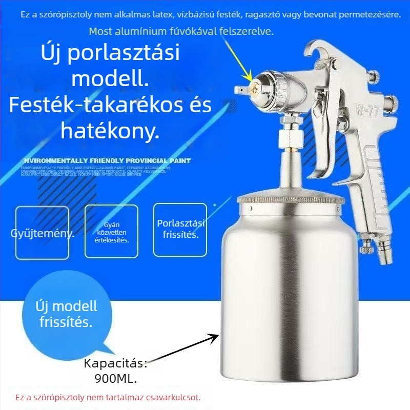 W77 szívó tartályos pneumatikus festékszóró, nagy kapacitású, magas atomizációjú, sifon típusú, alapozó permetező autó- és bútorokhoz