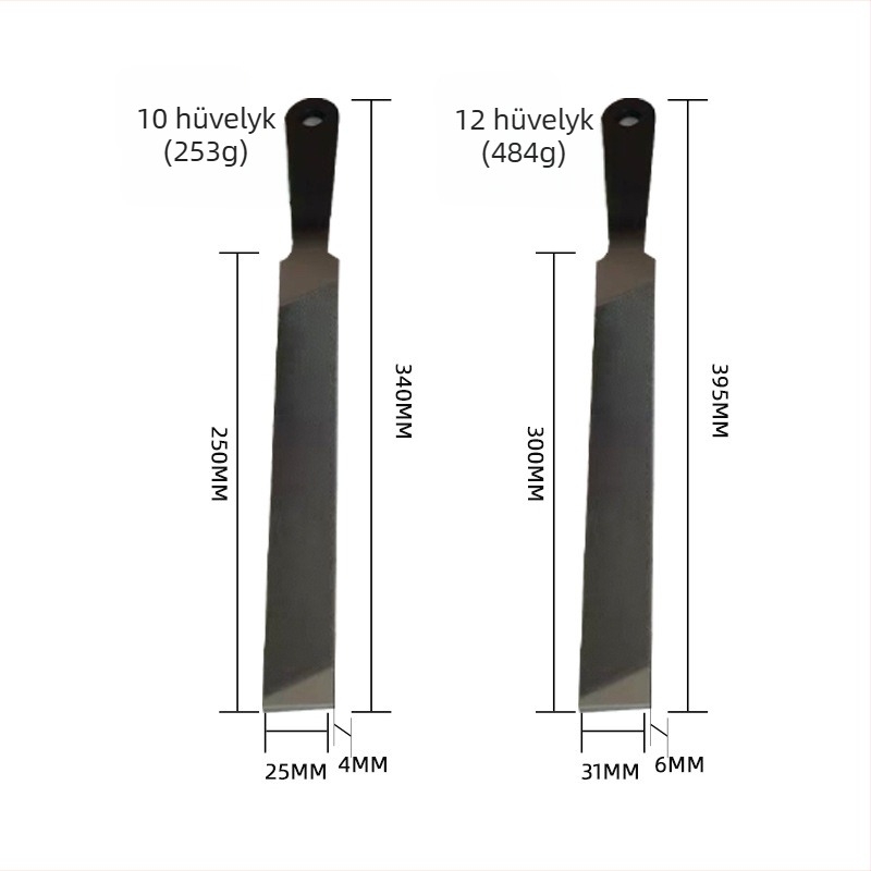 Mezőgazdasági sarlófájl acélból, gömbfejű, sík profil, egyszeres és kétszeres vágású, méretek 6–12 hüvelyk