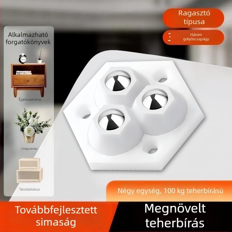 Ragasztós, csendes univerzális bútor görgő háromgolyós csapággyal, levehető kis műanyag görgő, kopásálló