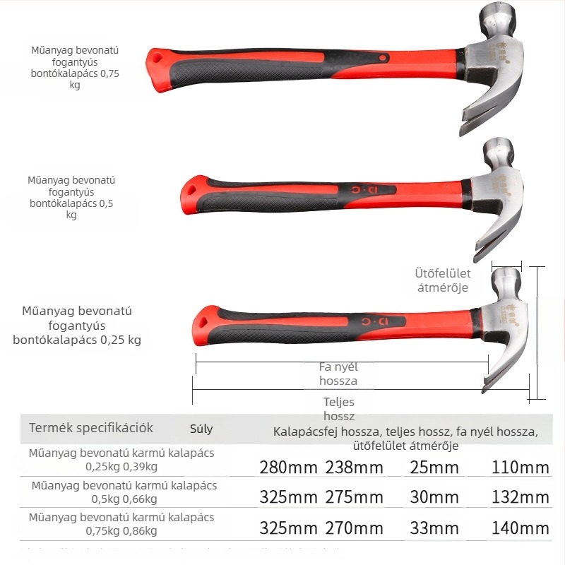 Dichuang fogókalapács, fa nyéllel és műanyag bevonattal, 0.25/0.5/0.75 kg – szögkihúzó eszköz