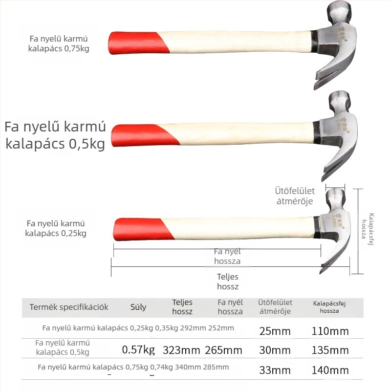 Dichuang fogókalapács, fa nyéllel és műanyag bevonattal, 0.25/0.5/0.75 kg – szögkihúzó eszköz