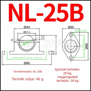 NL-25B Bull's-Eye univerzális golyó; nylonos és rozsdamentes acél golyó, rombusz alakú kétlyukú szerelés