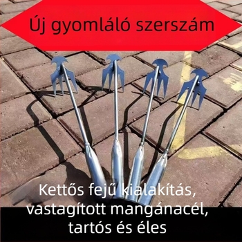 Többfunkciós gyomirtó eszköz gyökér eltávolításhoz, kerti gereblye mangán-acélból a talaj fellazításához