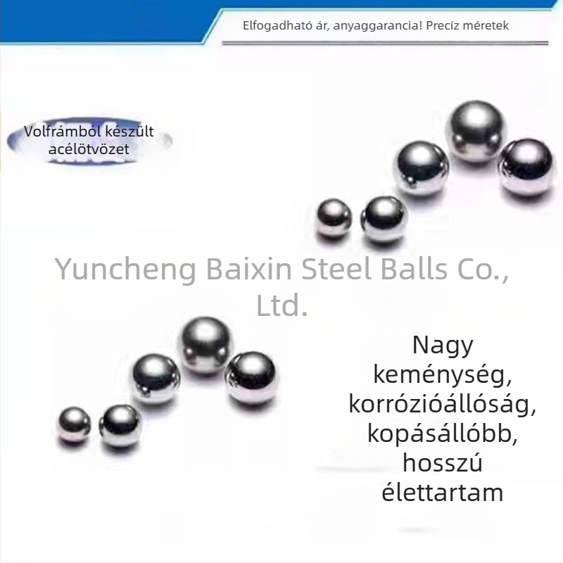 GCr15 csapágyacél golyók, méretek 5–12 mm (5, 6, 7, 7,938, 8, 9, 10, 11, 12 mm); kopásállóak és tartósak.