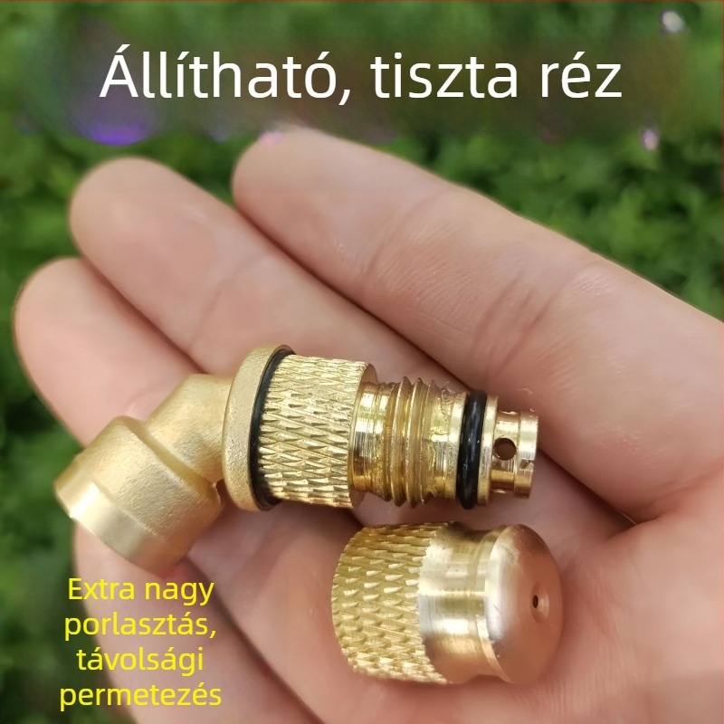 Állítható magasnyomású permetező 45°-os ívelt fúvóka, hosszú hatótávolságú permetezéshez gyümölcsfákon; test alumínium–sárgaréz ötvözet