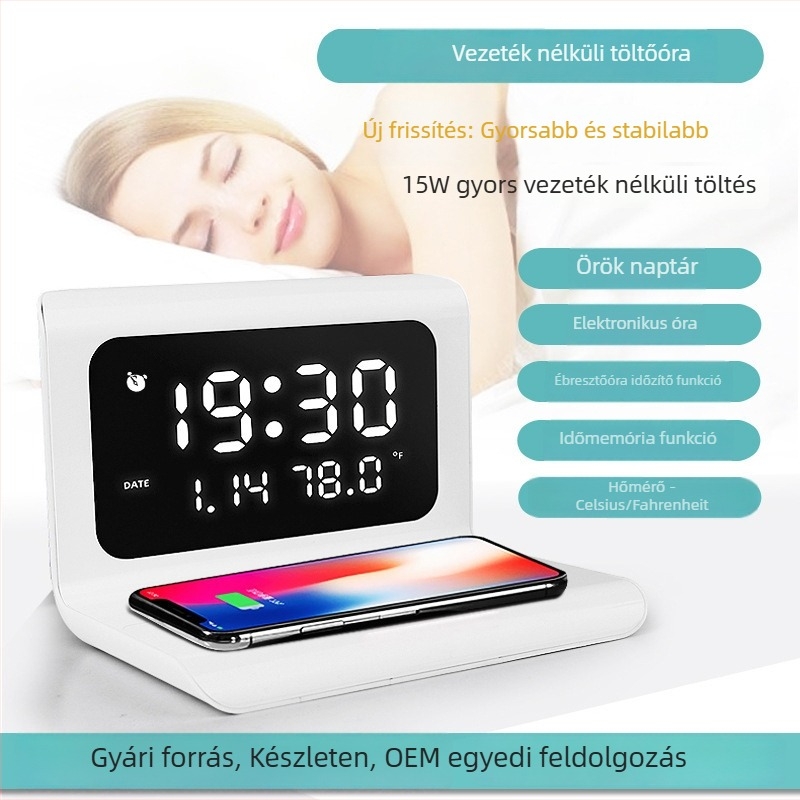 Vezeték nélküli telefontöltő íróasztali naptárral, hőmérővel és ébresztőórával