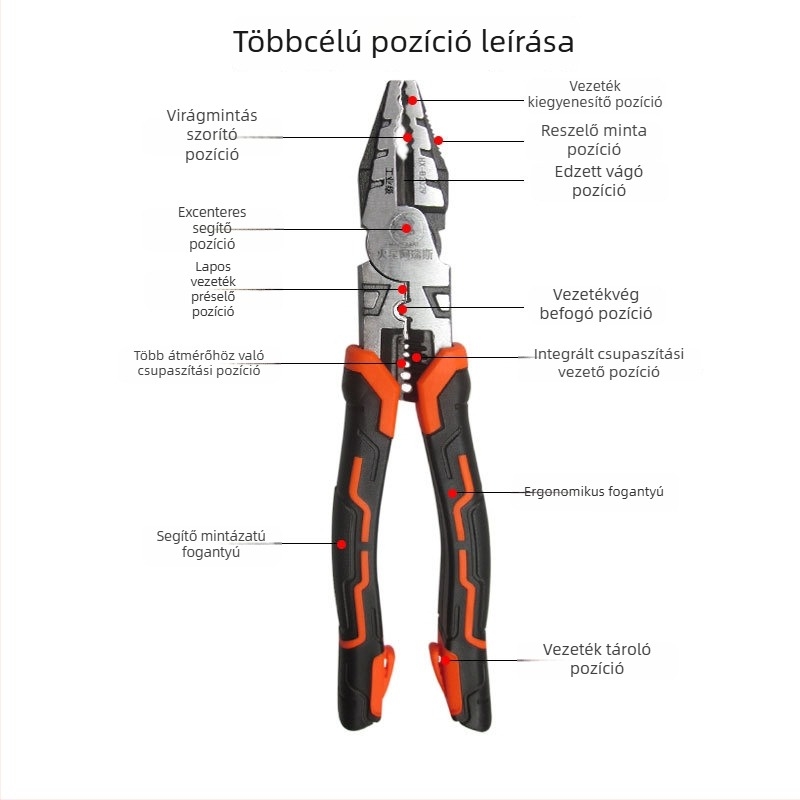 Ipari minőségű, többfunkciós huzalos fogó diagonális végével, krimpelés és vezetékek szigetelésének eltávolítása