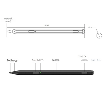 USI 2.0 aktív kapacitív stylus mágneses rögzítéssel, tenyérérintés elleni védelem, USI 2.0 protokoll, 4096 nyomásérzékelés