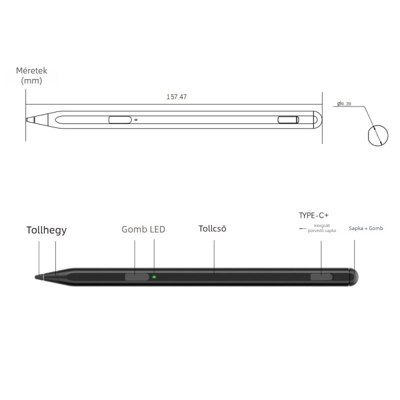 USI 2.0 aktív kapacitív stylus mágneses rögzítéssel, tenyérérintés elleni védelem, USI 2.0 protokoll, 4096 nyomásérzékelés