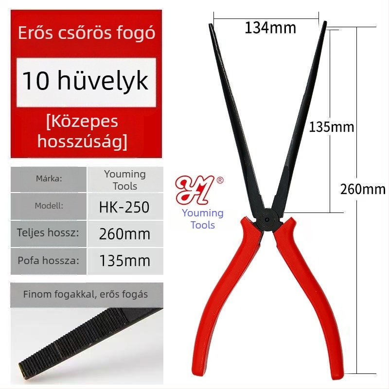 Szerelő villanyszerelő hosszú orrú fogó, 10/12 hüvelyk, fogazott, hosszú vég